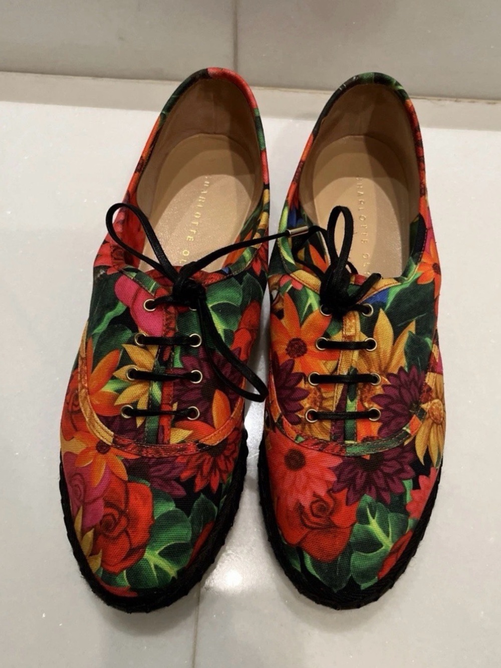 Charlotte Olympia Floral Canvas Lace-Up Shoes - Multicolor 36.5